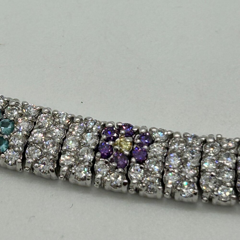 Vintage Rhinestone Tennis Bracelet Multicolor Flower Design W/ Safety Clasp 7.5" - Picture 14 of 16